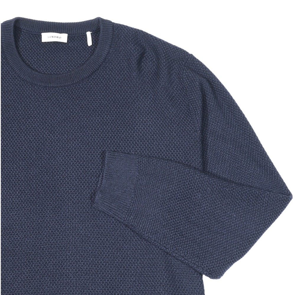 Sandro Sweater Mens XXL Navy Blue Wool Blend Waffle Knit Crewneck Pullover